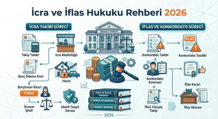 İcra ve İflas Hukuku Rehberi (2026) | İcra Takibi, Haciz, İtiraz, Menfi Tespit, İflas ve Konkordato Süreçleri